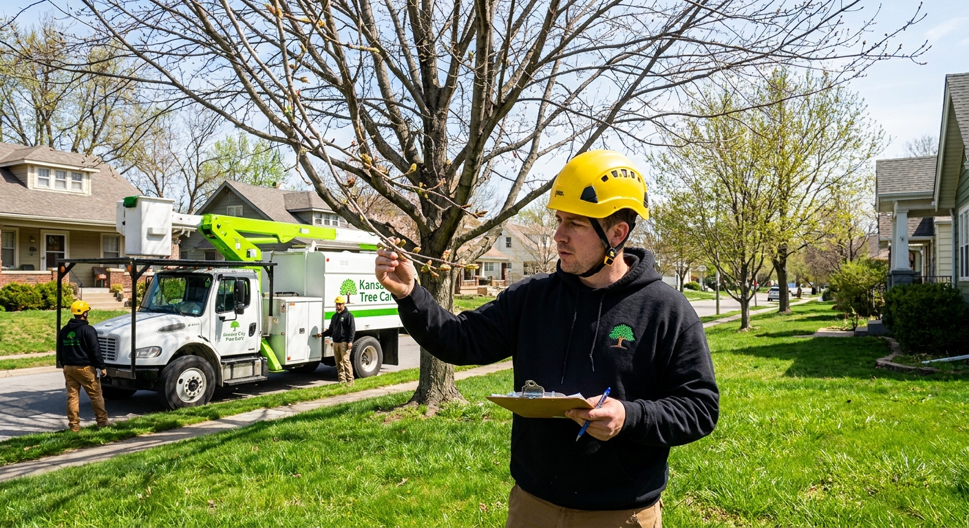 Spring tree care Kansas City - Arborist inspecting budding tree in spring yard