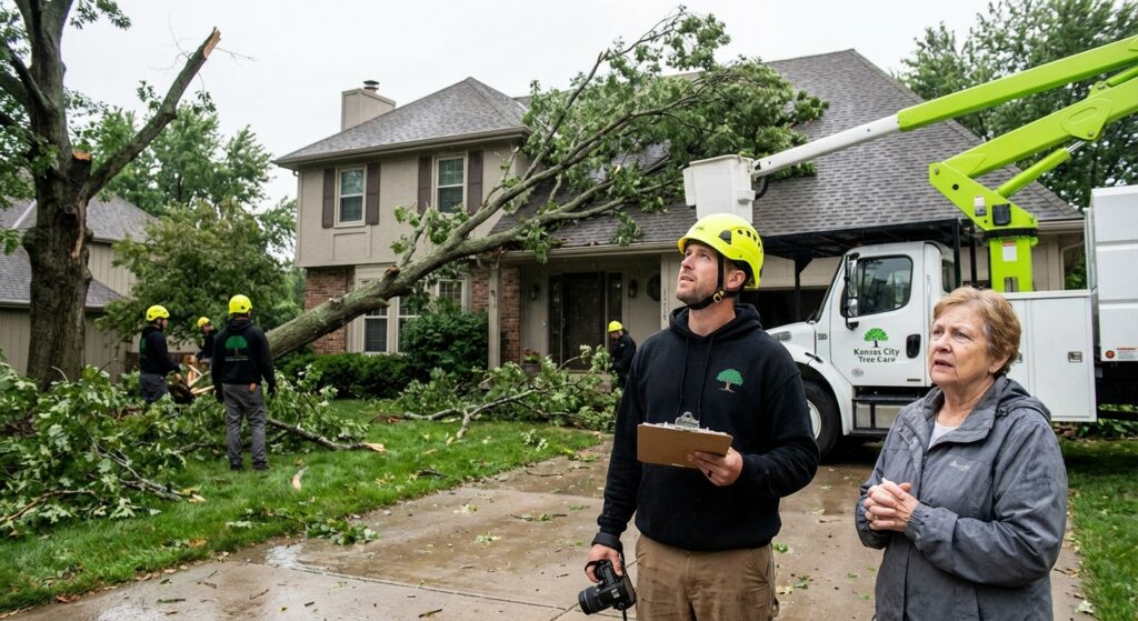 Storm damage insurance claim Overland Park - Fallen tree on house with arborist documenting