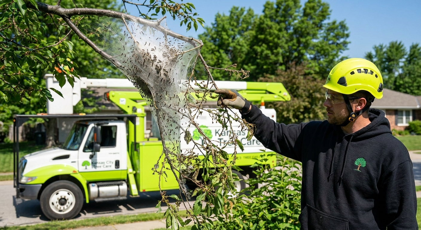 Summer tree pests Kansas City - Tent caterpillar web in branch fork of cherry tree