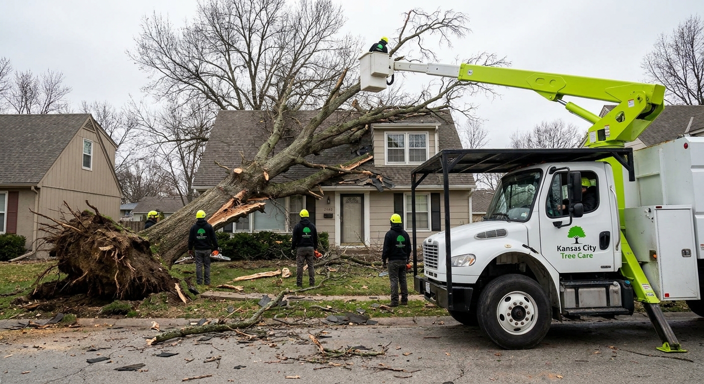 Tornado tree damage Kansas City - Large fallen tree across residential yard after storm