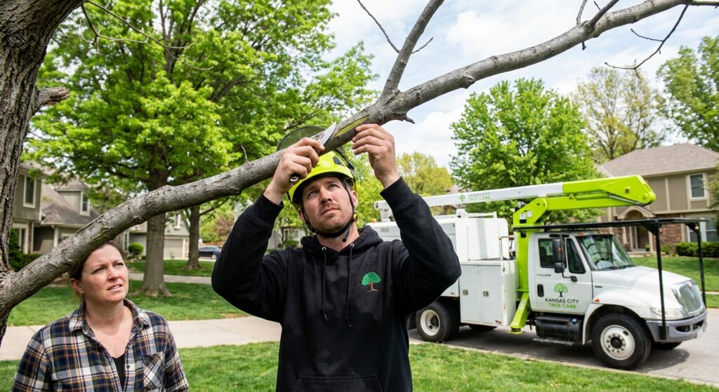 Tree didnt survive winter Kansas City - Arborist doing scratch test on bare tree branch in spring