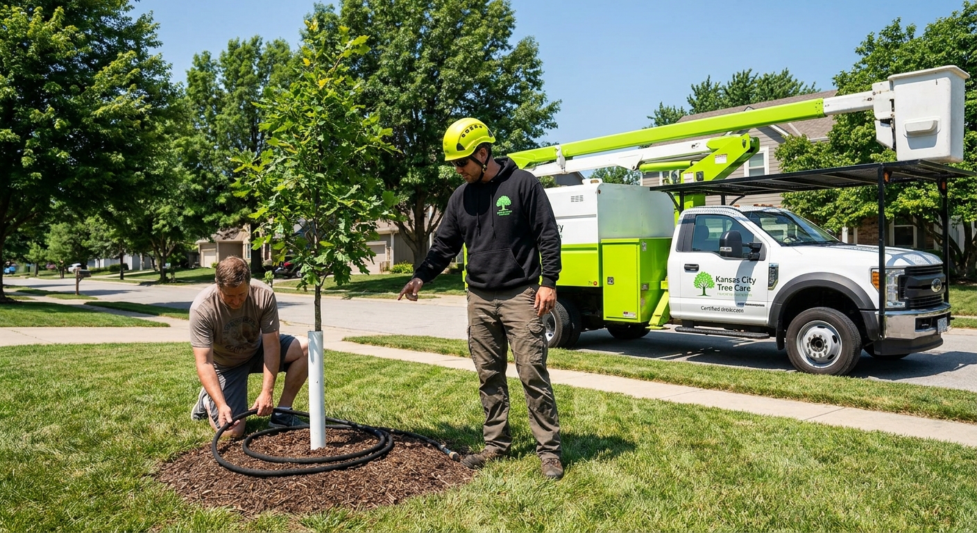 Watering new trees Kansas City - Deep root soaker at base of young tree in summer