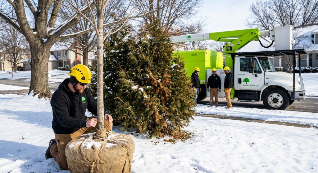 Winter tree protection Overland Park - Burlap wrapped young tree in snowy yard
