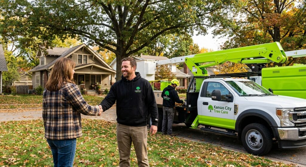 Homeowner shaking hands with a certified Kansas City Tree Care arborist in a front yard