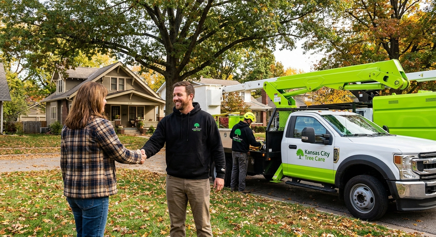 Homeowner shaking hands with a certified Kansas City Tree Care arborist in a front yard