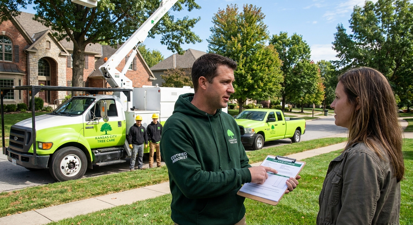 Certified arborist reviewing a tree care plan with an Overland Park homeowner