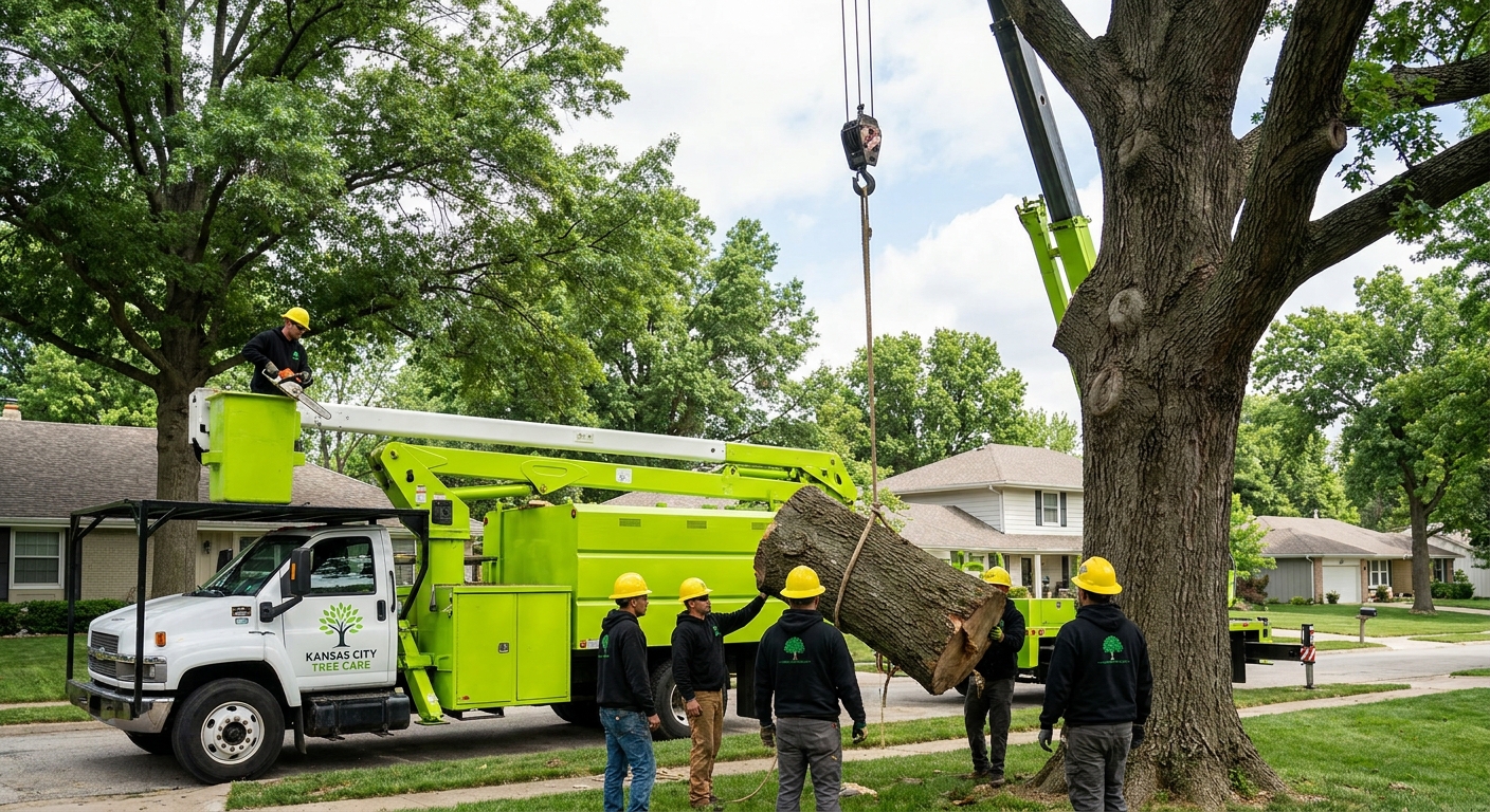 Kansas City Tree Care crew removing a large oak with a bucket truck in a suburban KC yard