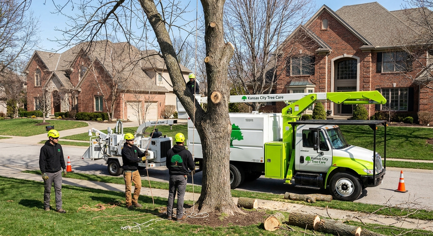 Tree crew removing a tall ash tree in an upscale Overland Park neighborhood