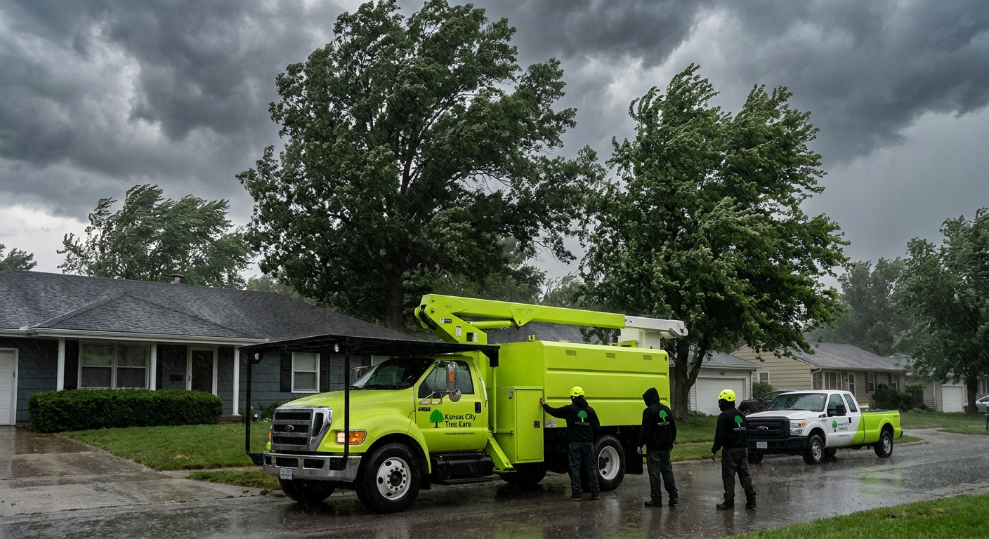 Storm clouds over a Kansas City neighborhood with large trees swaying in high wind