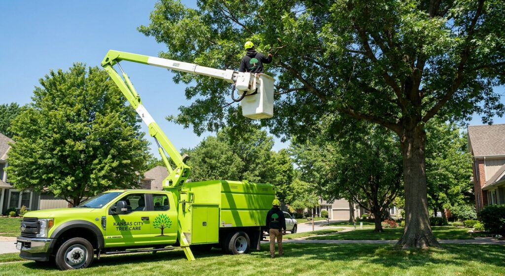 Arborist pruning a pin oak in a suburban Overland Park yard with a bucket truck