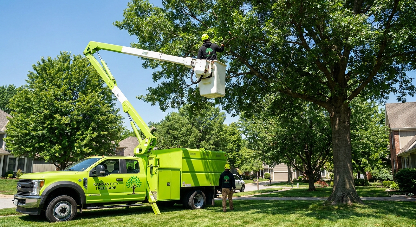 Arborist pruning a pin oak in a suburban Overland Park yard with a bucket truck