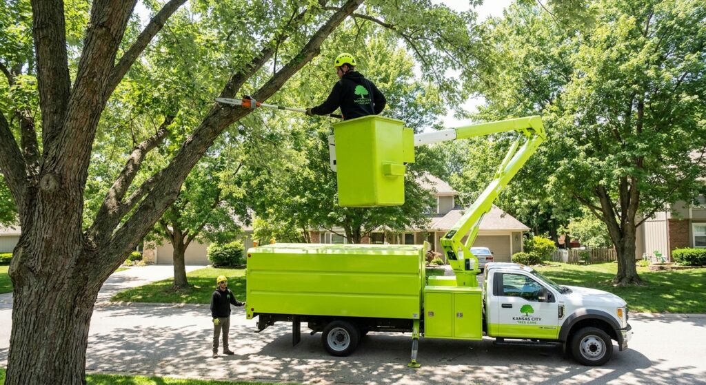 Arborist trimming a large maple tree from a bucket truck in a Kansas City neighborhood